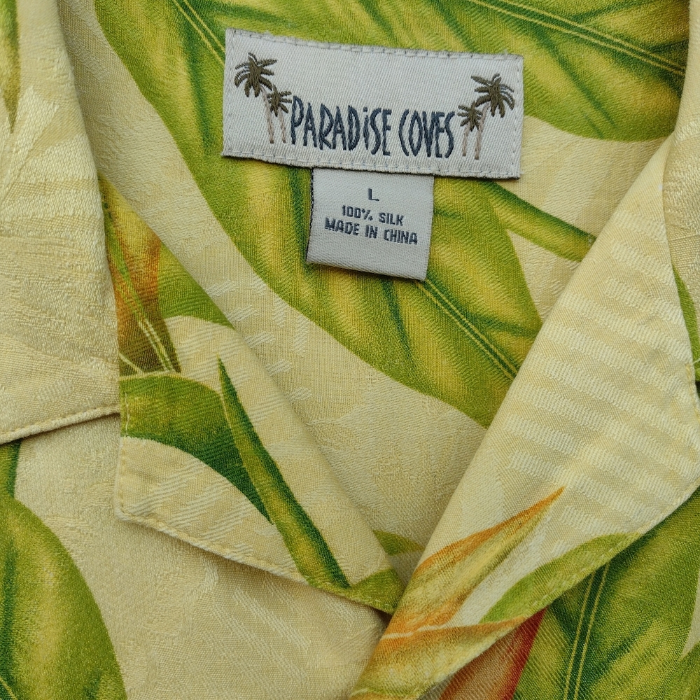 Paradise Coves Silk Hawaiian Shirt Yellow Floral Camp - Picture 3 of 7